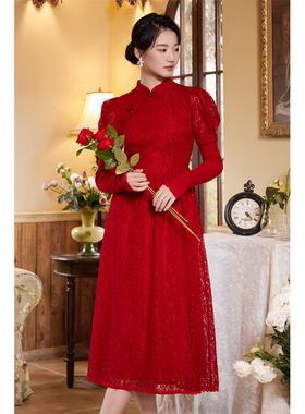 固执2023秋季新款中国风立领长袖蕾丝中长款连衣裙20933LQ08303