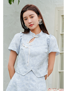 固执夏季新款中式短款提花短袖泡泡袖女装32432XS08077