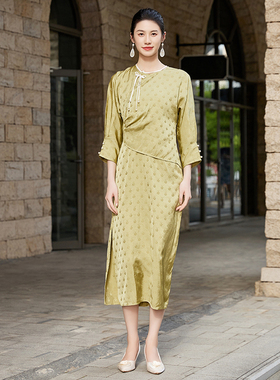 固执新款中国风圆领提花假两件中长款连衣裙40033LQ08271