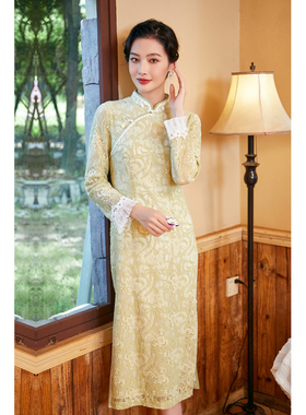 固执新款中式蕾丝长袖改良旗袍中长连衣裙42333QP08382
