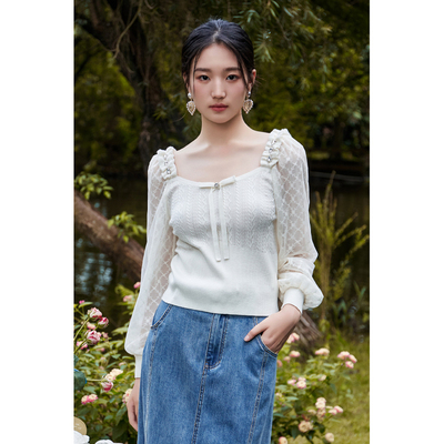 固执新款学院风蝴蝶结方接长袖针织衫女装80133MY08270