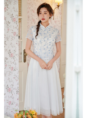 固执夏款女年新款中式复古蕾丝网纱中长连衣裙32432LQ08046