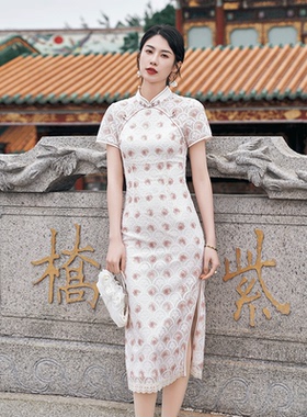 固执夏季新款中式蕾丝刺绣短袖中长款旗袍连衣裙80542QP09149