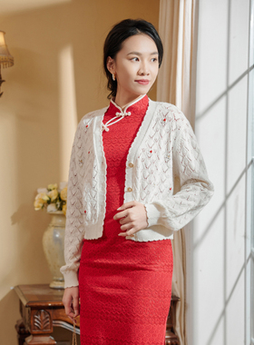 固执春季新款复古提花v领毛衣针织开衫外套女80131MY07956