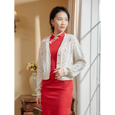 固执春季新款复古提花v领毛衣针织开衫外套女80131MY07956
