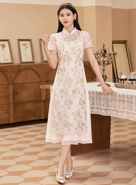 固执夏季新款中国风刺绣蕾丝改良旗袍中长连衣裙12532QP08155