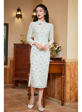 固执2023秋季新款中式蕾丝长袖放良旗袍中长连衣裙53433QP08310