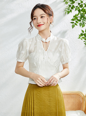 固执夏季新款中式气质蝴蝶结刺绣立领短款上衣女10832XS08125