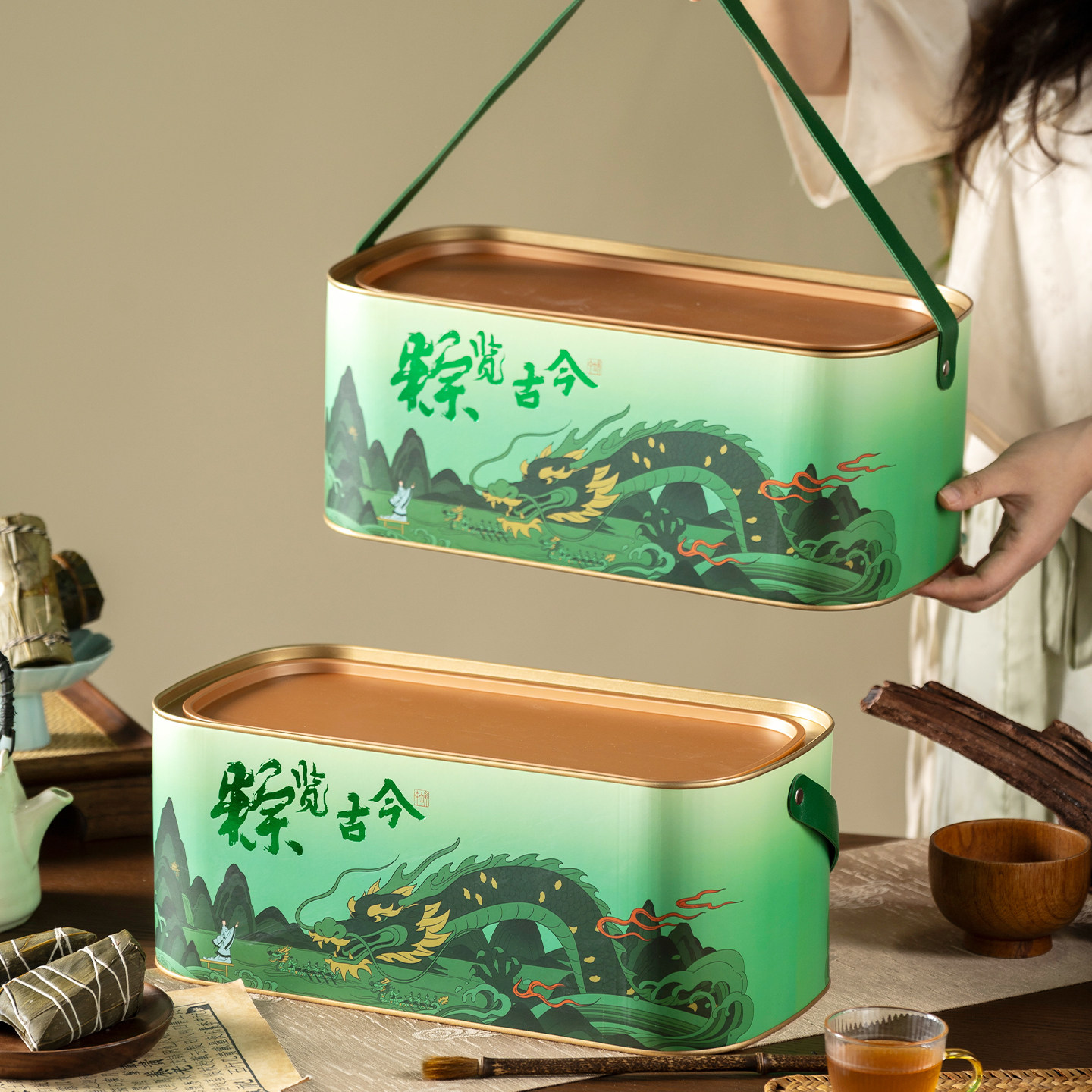 新款高档粽子礼品盒端午节马年创意插画包装盒厂家定制做空长铁盒