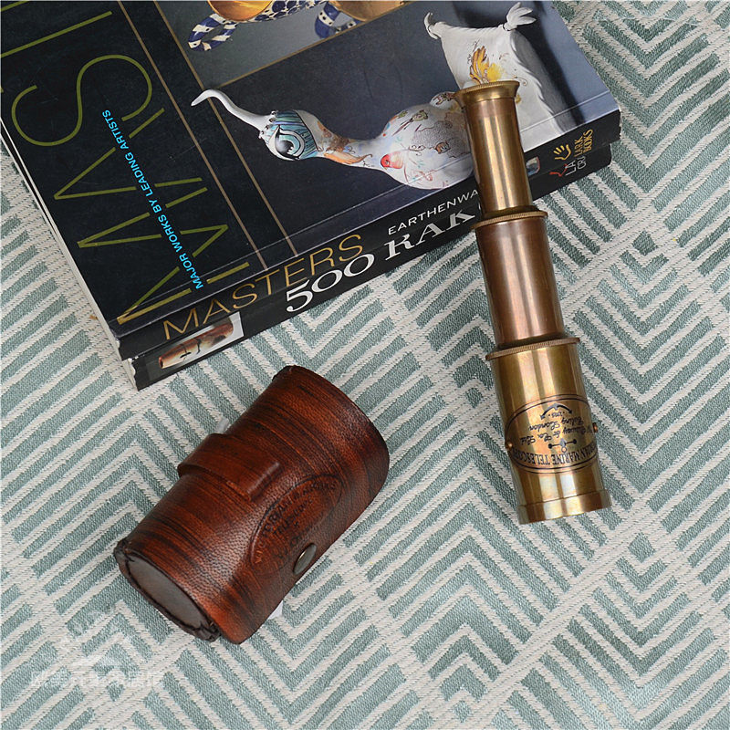 印度进口黄铜伸缩望远镜便携式复古黄铜单筒海盗镜书房装饰摆件