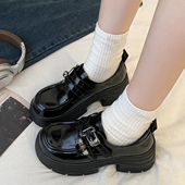 娇彤 单鞋 英伦风厚底乐福鞋 女黑色双扣带增高粗跟复古百搭新款