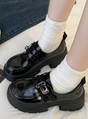 娇彤 英伦风厚底乐福鞋女黑色双扣带增高粗跟复古百搭新款单鞋