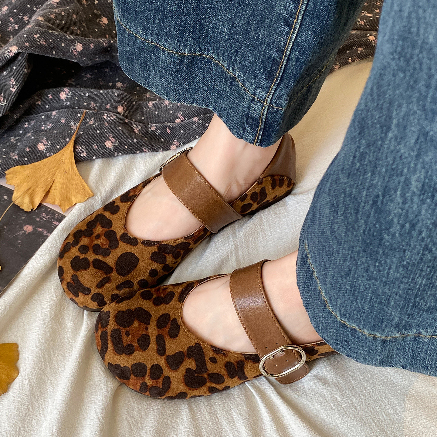 娇彤复古豹纹平底软底单鞋女2025秋季新款圆头一字扣玛丽珍豆豆鞋,女鞋,浅口单鞋,淘宝优惠券,粉丝福利购,淘宝优惠卷