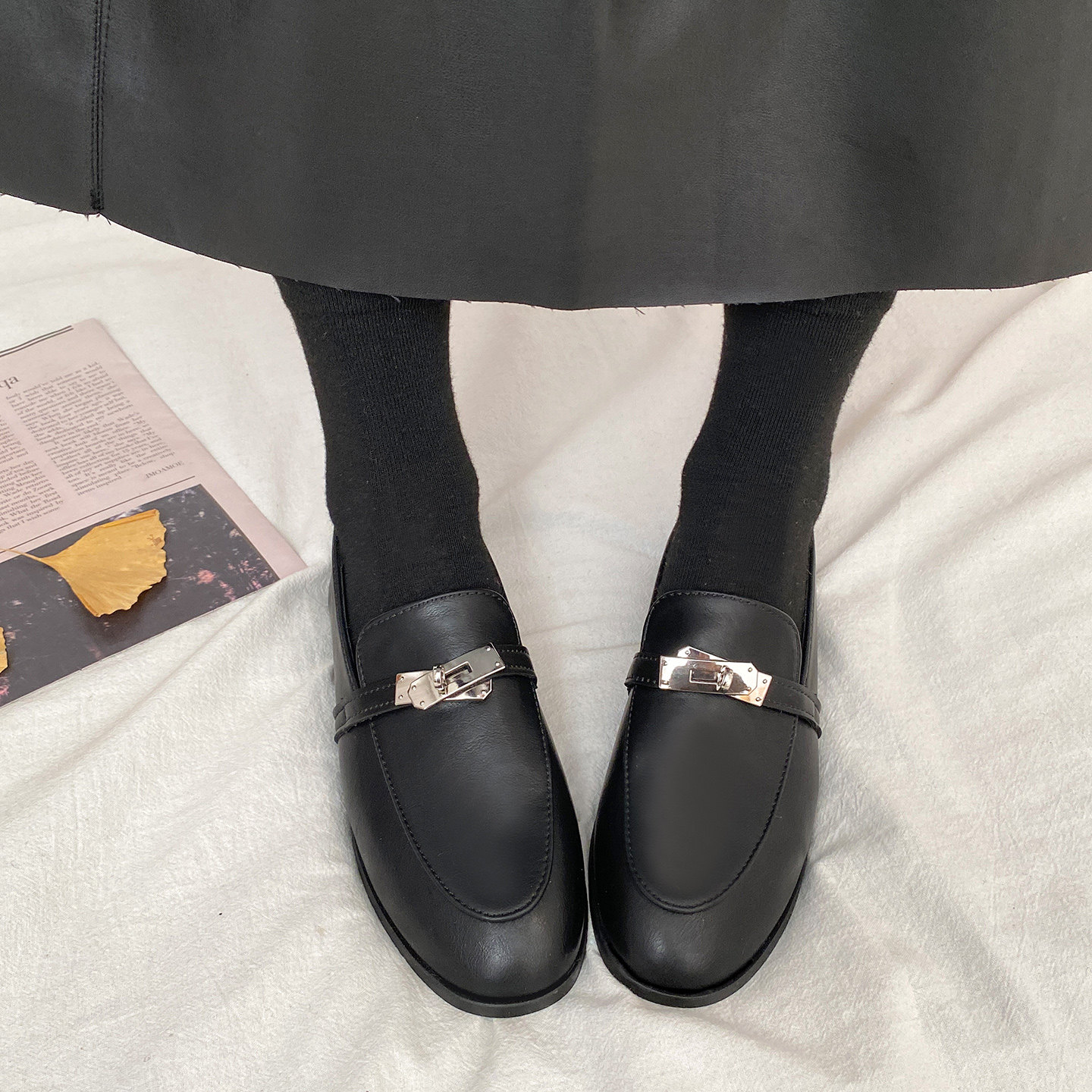 娇彤 英伦风小皮鞋凯莉扣复古乐福鞋女一脚蹬懒人百搭通勤平底鞋,女鞋,乐福鞋（豆豆鞋）,淘宝优惠券,粉丝福利购,淘宝优惠卷