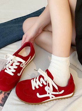 娇彤 红色德训鞋女2025新款百搭休闲内增高系带运动复古阿甘板鞋