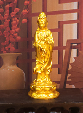 黄铜实心南海观音佛像观世音家居摆件铜像家居保平安黄铜站立神像