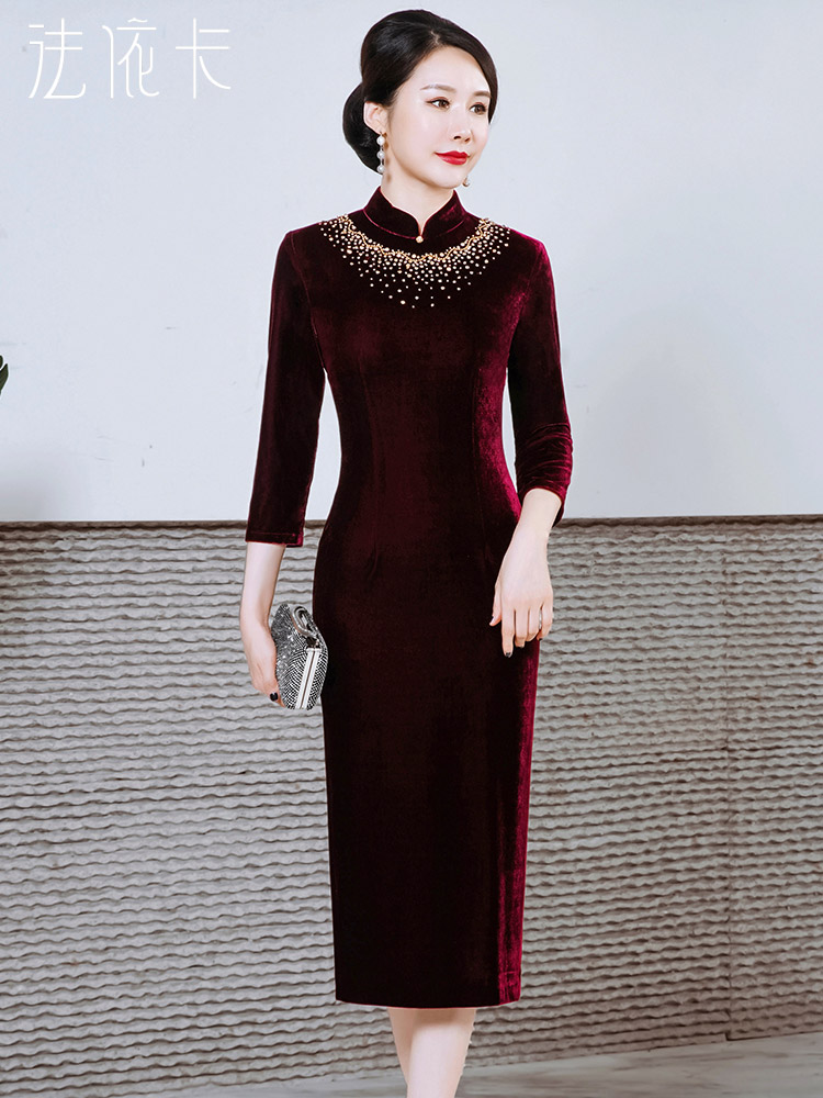 Burgundy wedding dress, winter velvet cheongsam for mother, for middle age