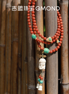 吉盟珠宝古法银南红玛瑙佛珠项链坠女扎基拉姆猛犸毛衣链新中式