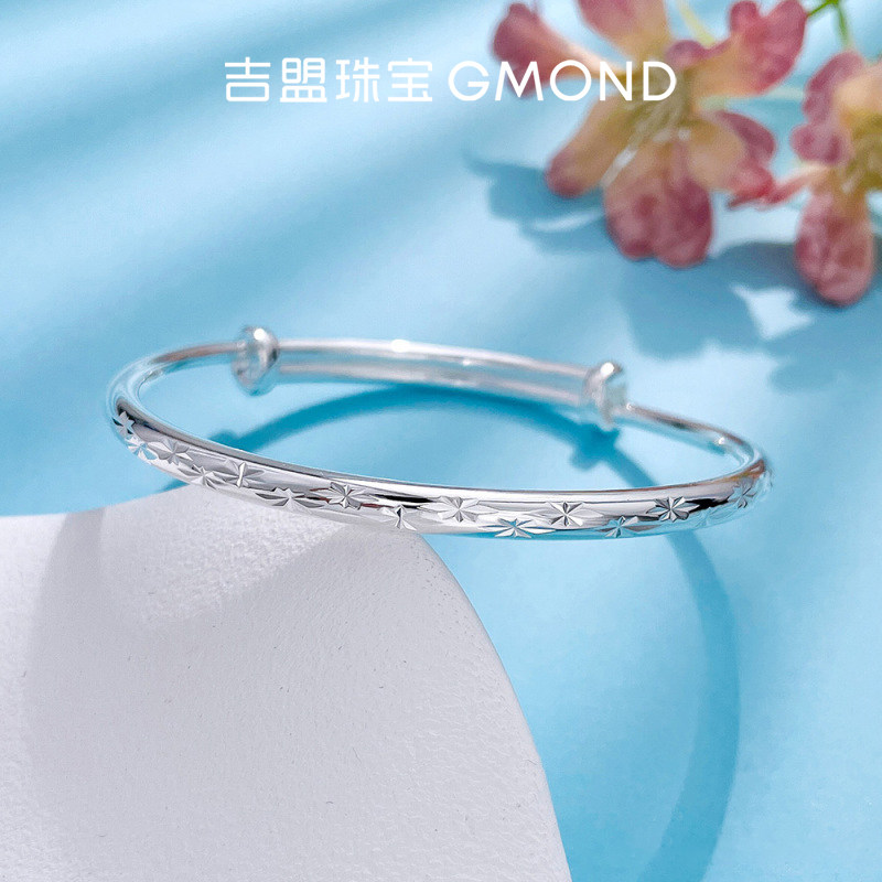 吉盟珠宝足银实心圆棍光面满天星推拉手镯送女友送妈妈生日礼物