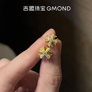 吉盟珠宝999足金点钻耳钉古法黄金耳饰克罗十字架心男女个性ins风