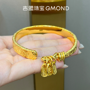 吉盟珠宝黄金开口手镯亮面吉言可调节足金正圆999女款结婚三金礼