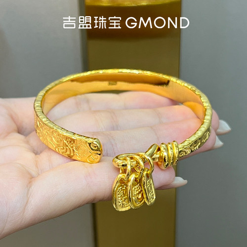 吉盟珠宝黄金开口手镯亮面吉言可调节足金正圆999女款结婚三金礼
