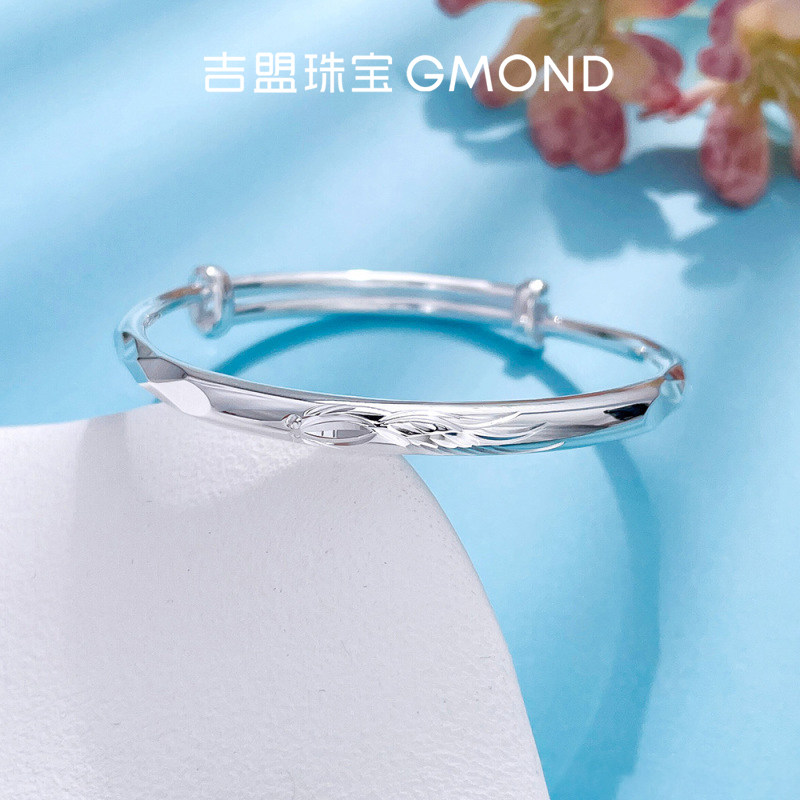 吉盟珠宝足银手镯光面实心推拉镯子金鱼简约时尚百搭菱形送女友