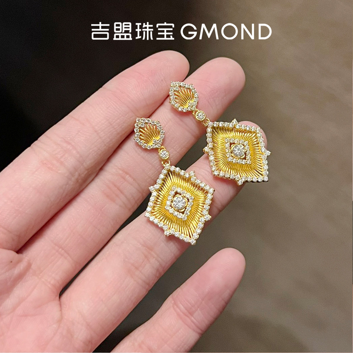 吉盟珠宝999足金点钻耳饰古法黄金耳吊女璀璨辉芒欧式皇家高级感