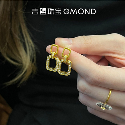 999足金点钻耳钉黄金耳饰几何形