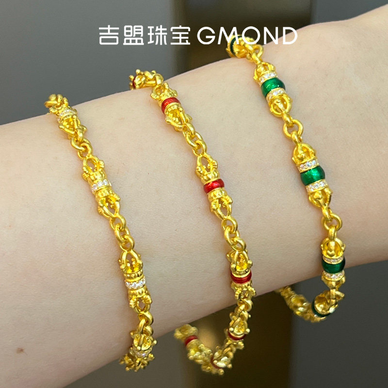 吉盟珠宝古法黄金手链女999足金点钻降魔杵珐琅手串新中式文玩风