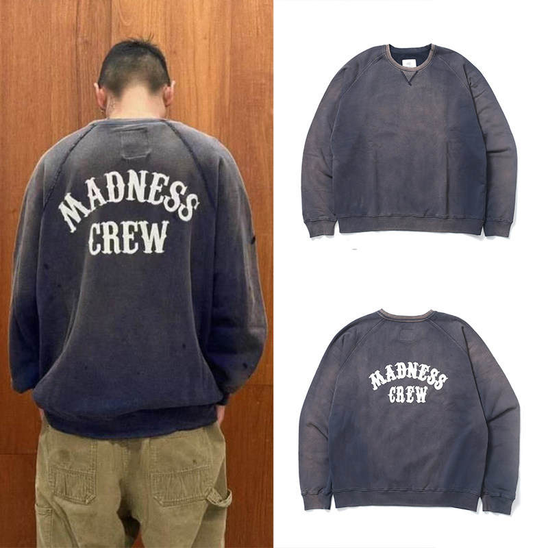MADNESS秋冬季新款水洗做旧圆领卫衣男宽松潮牌字母印花长袖上衣