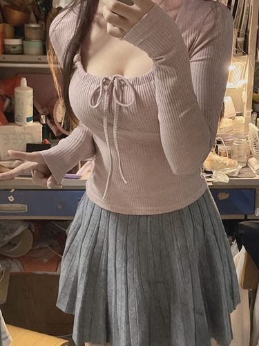 微胖MM纯欲方领绑带长袖针织衫