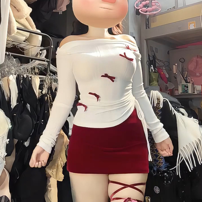 圣诞新年丝绒蝴蝶结一字肩上衣