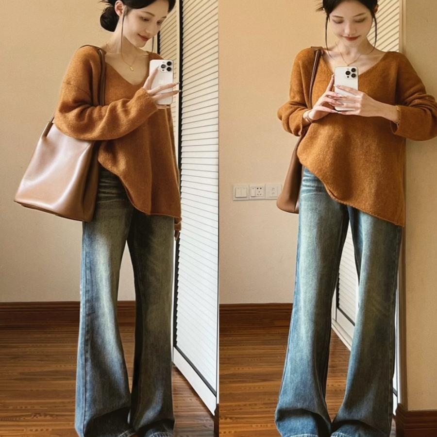 微胖MM韩系慵懒气质V领针织毛衣