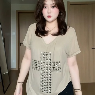 女装 复古立体装 大码 美式 微胖mm辣妹宽松慵懒上衣 饰V领短袖 T恤夏季