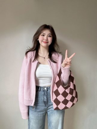 微胖MM法式气质减龄双拉链针织外套女秋冬外搭短款温柔开衫上衣