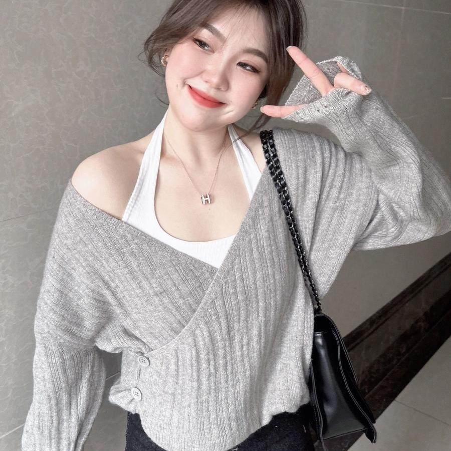 微胖MMv领斜扣开衫毛衣外套秋季法式复古灰色别致宽松上衣针织衫,女装/女士精品,大码内搭,淘宝优惠券,粉丝福利购,淘宝优惠卷