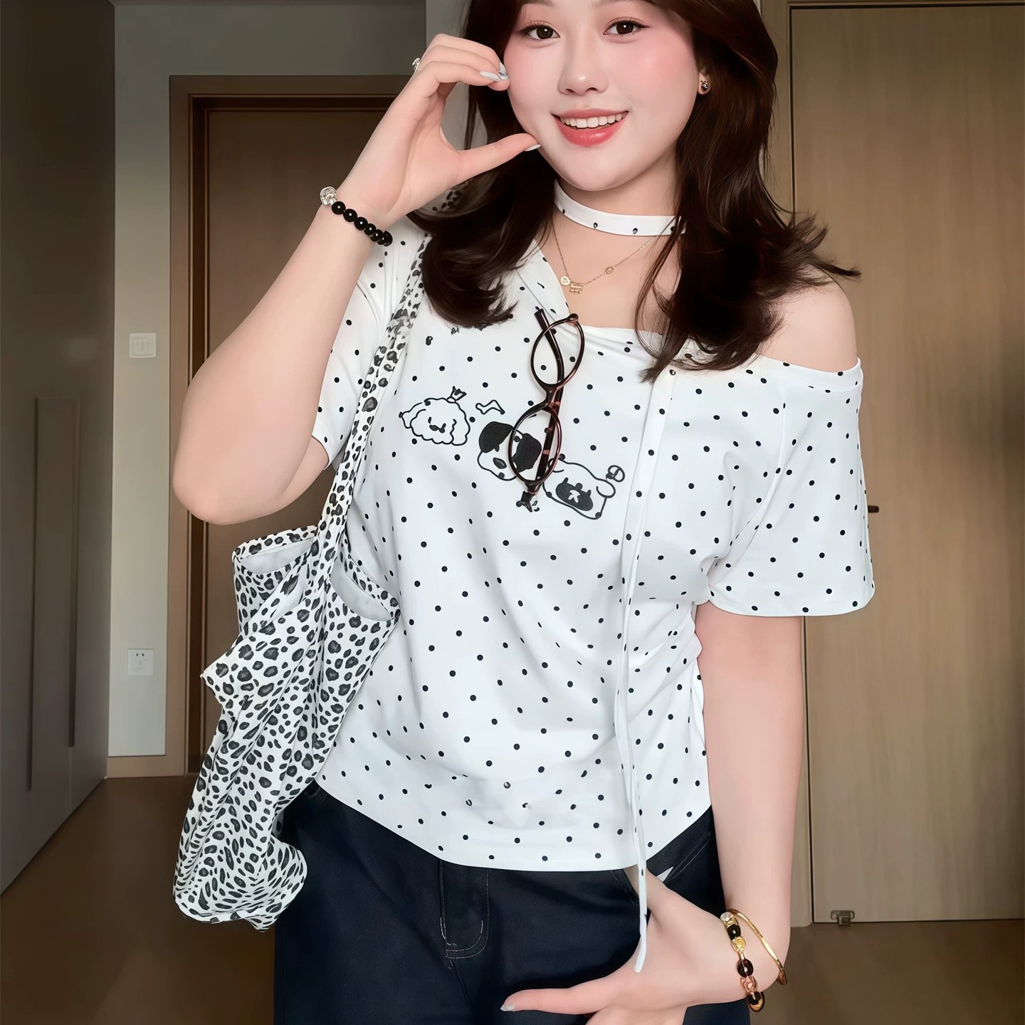 大码胖mm美式辣妹风波点斜领上衣
