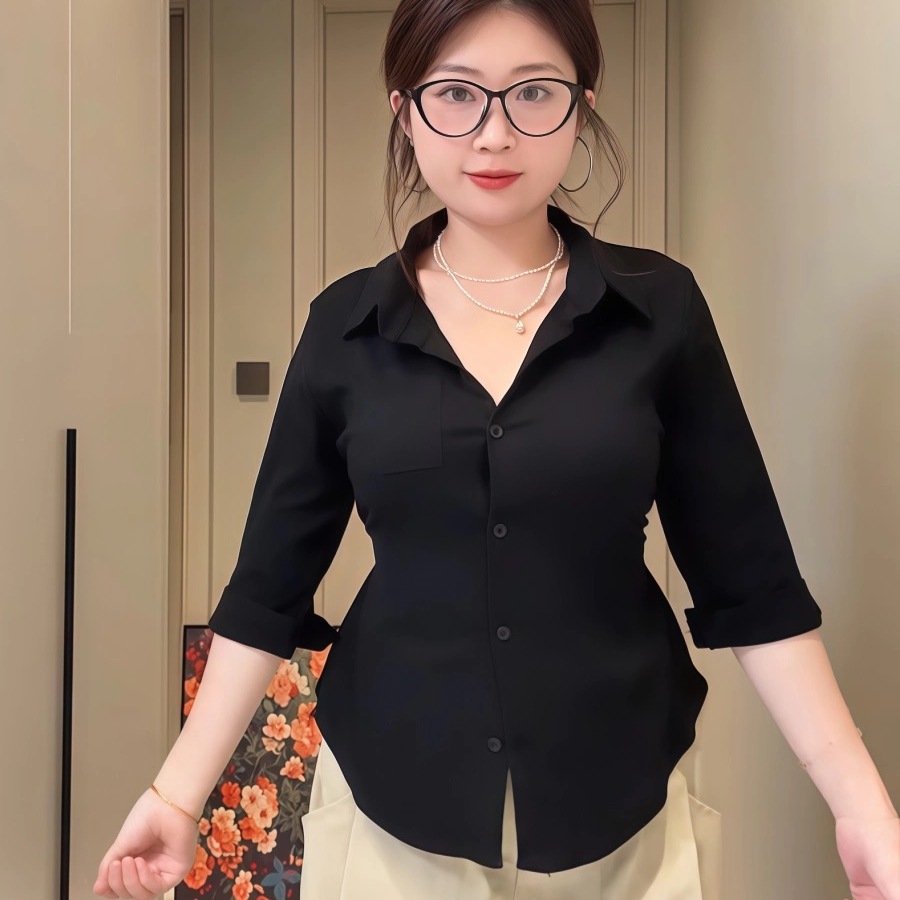 大码胖妹妹甜辣妹掐腰五分袖衬衫