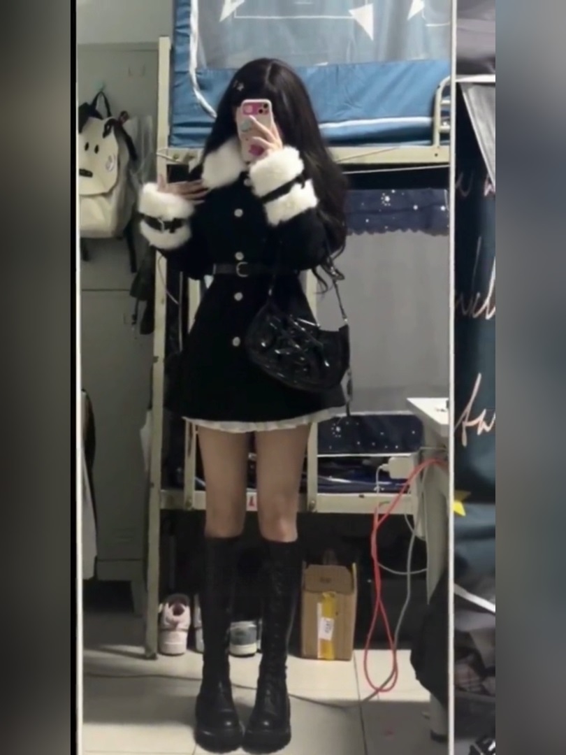 秋冬新款毛领拼接收腰呢子大衣