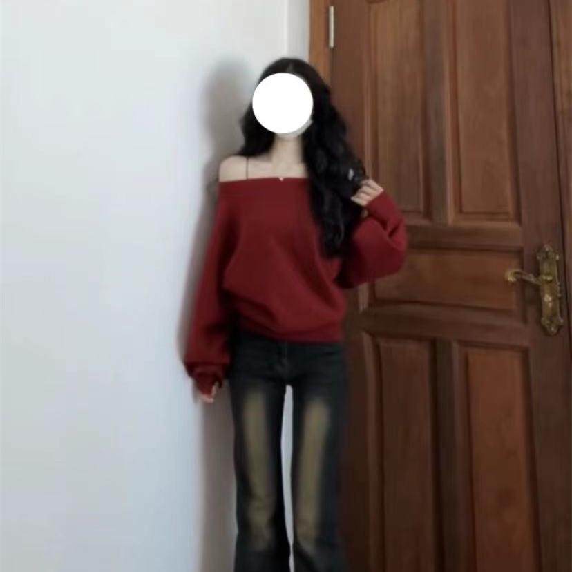 微胖MM复古红色圆领针织衫女