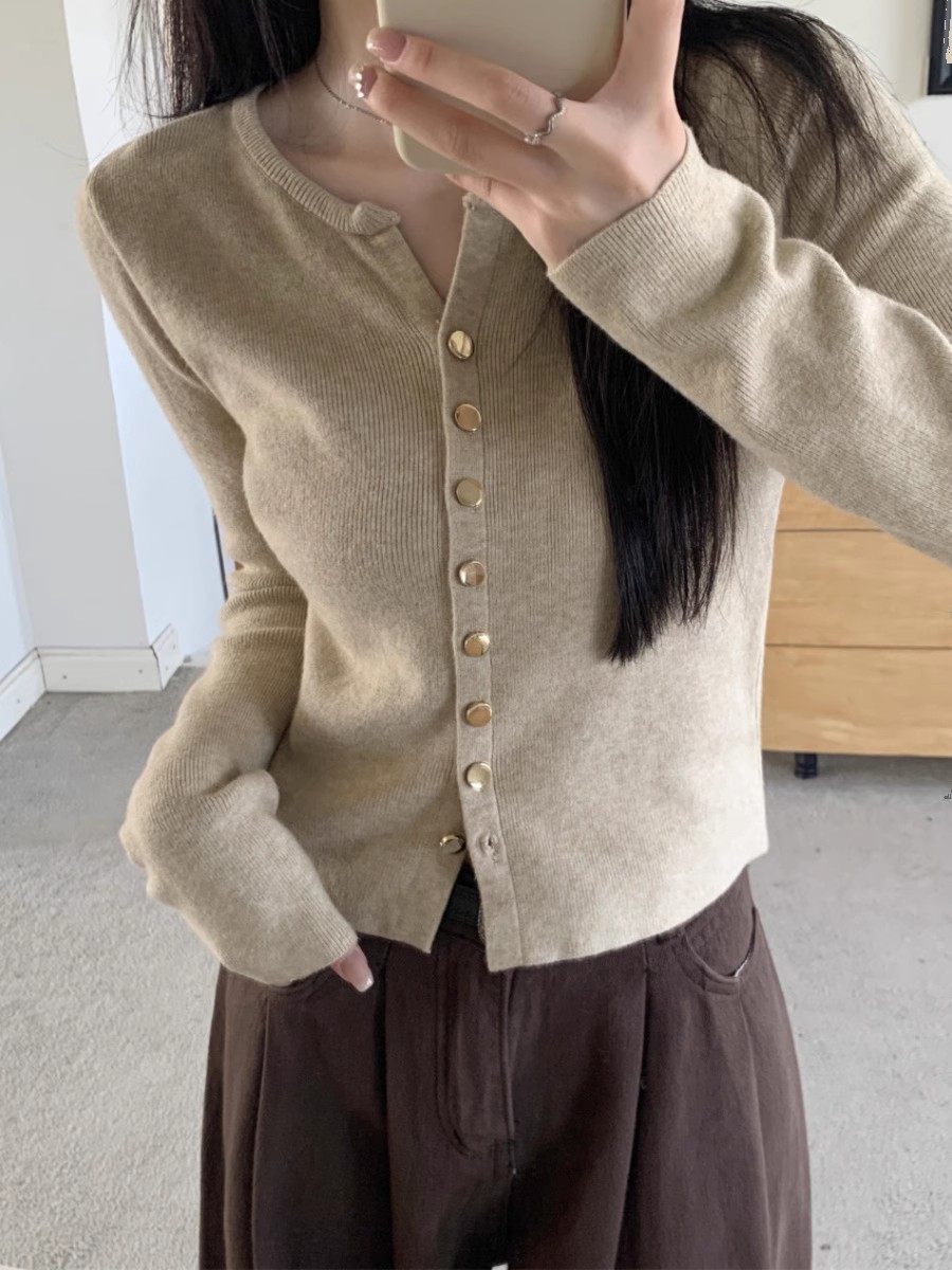 微胖MM复古别致螺纹V领针织开衫