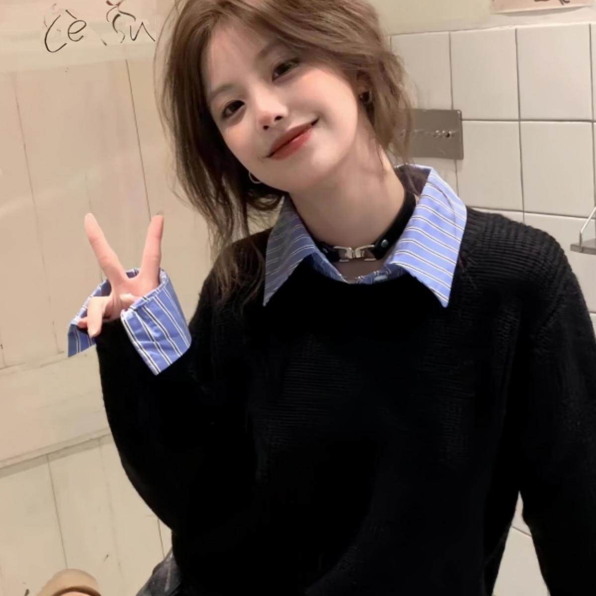 微胖MM韩系学院假两件衬衫领毛衣