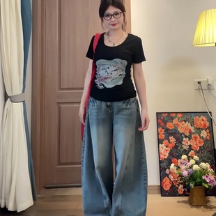 显瘦上衣 微胖mm美式 辣妹猫咪短袖 T恤女夏季 设计感印花修身