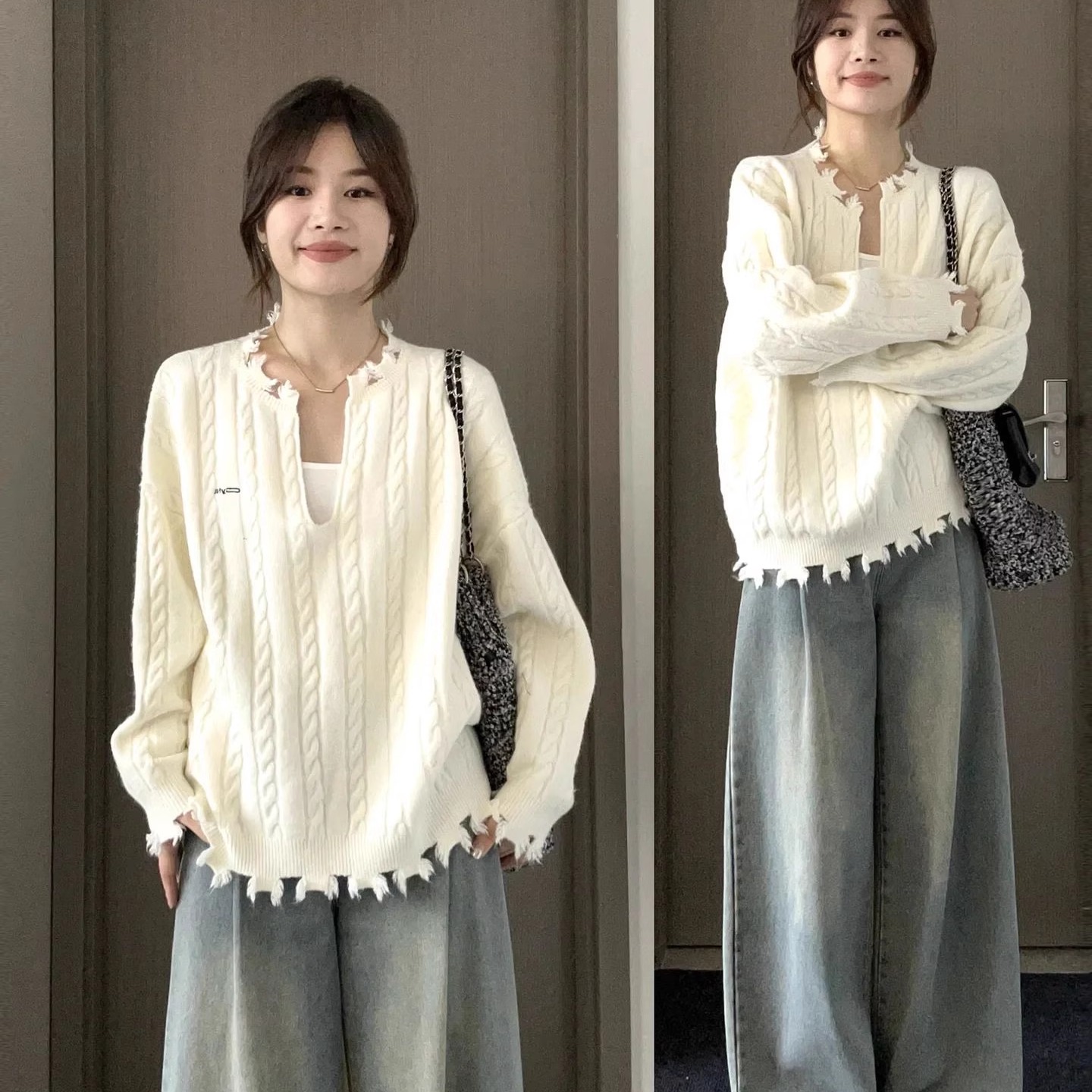 微胖MM慵懒设计感U领纽花针织衫