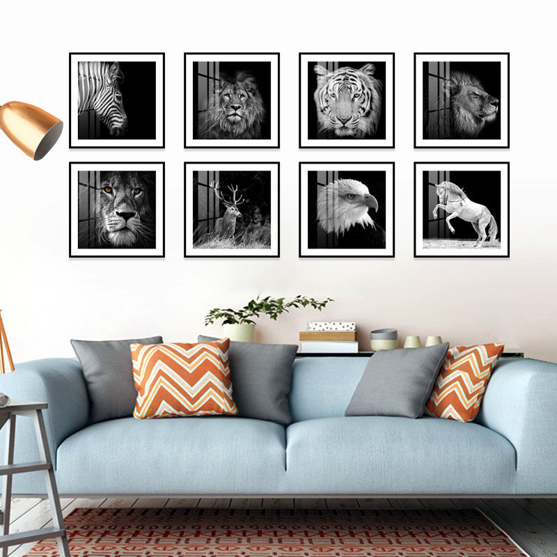 黑白装饰画动物狮子老虎壁画现代简约办公室楼梯间走廊过道墙挂画
