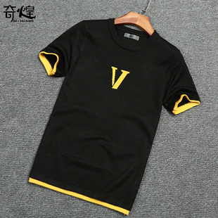 秋冬款男士短袖毛衣韩版修身提花个性针织衫圆领毛线衣男装打底衫