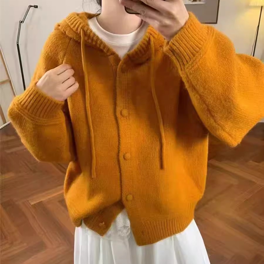 百搭软糯连帽抽绳针织开衫女秋冬宽松显白保暖毛衣外套