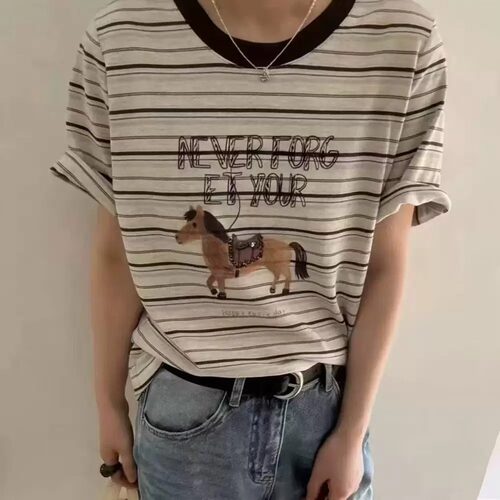 美式撞色条纹小马印花短袖T恤女宽松百搭减龄上衣