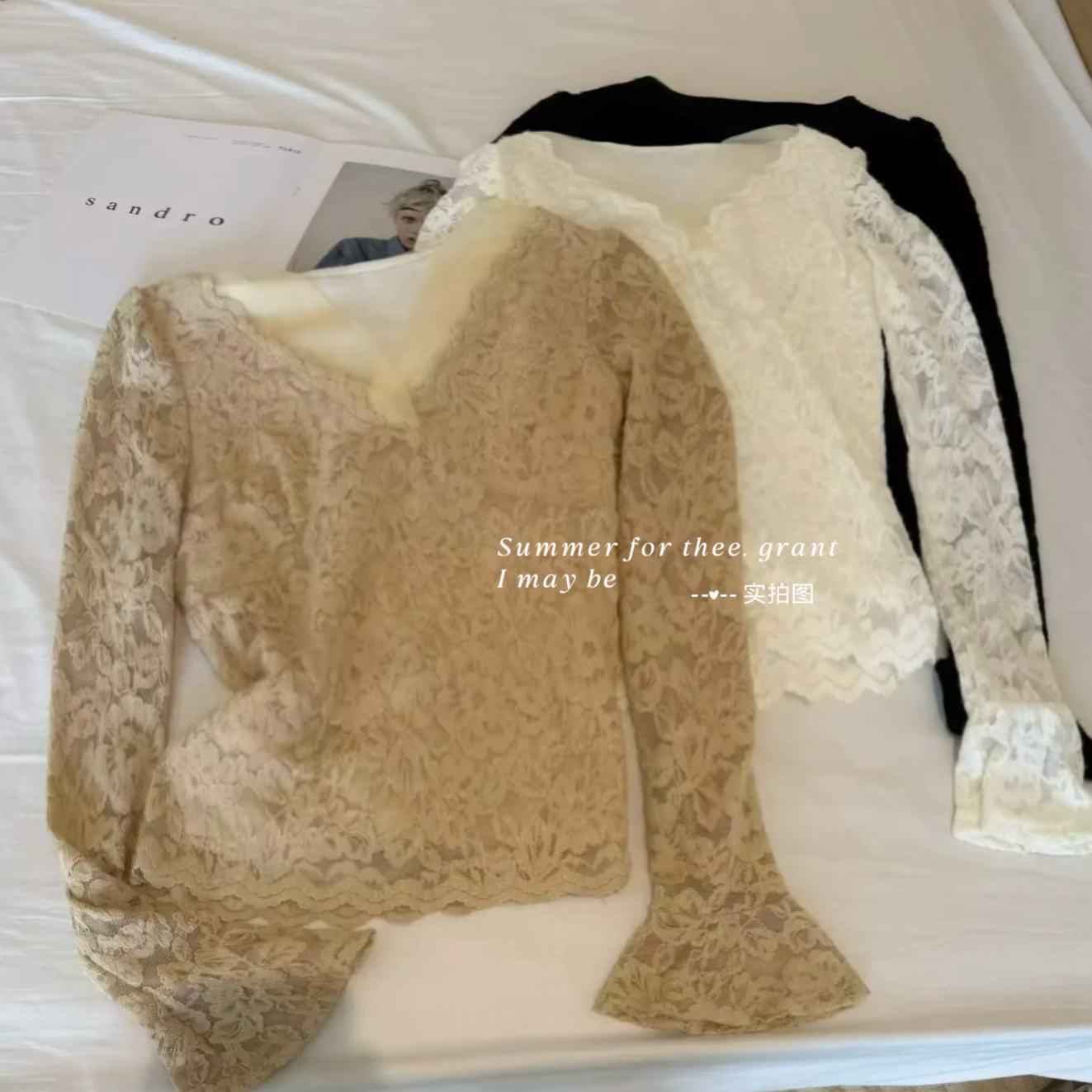 蕾丝V领长袖打底衫女性感修身秋冬修身显瘦新设计感喇叭袖